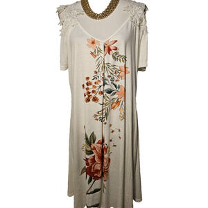 Chic Me Womens White Floral Print Cold Shoulder Lace Shift Tunic Dress 2XL